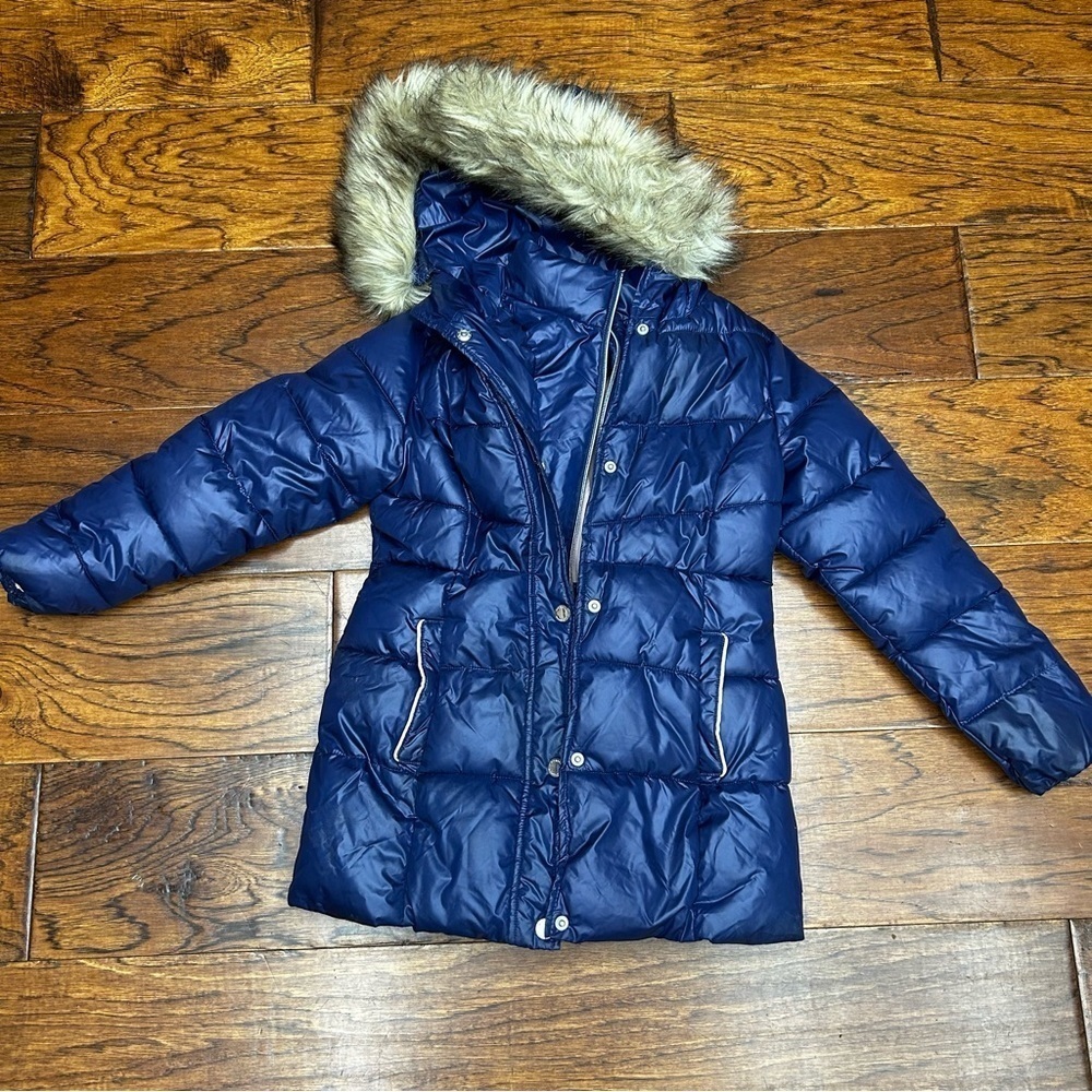 Michael Kors Kids Navy Puffer Coat with Faux Fur Hood
